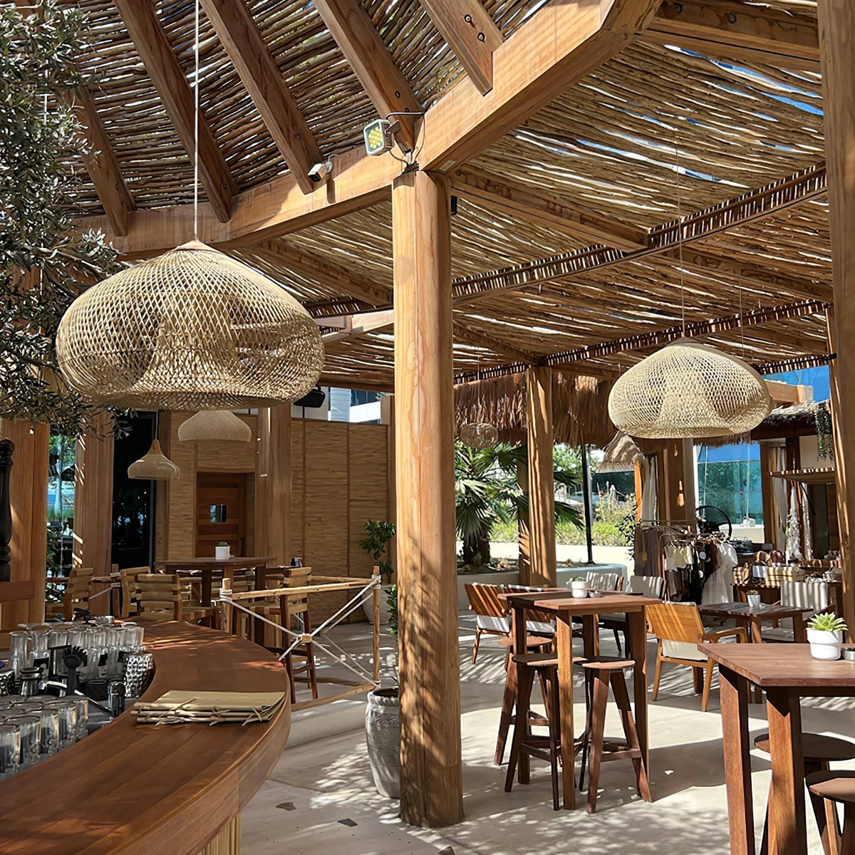 Bohemian Woven Rattan Pendant Lamp with Wood Top and Open Weave Shade
