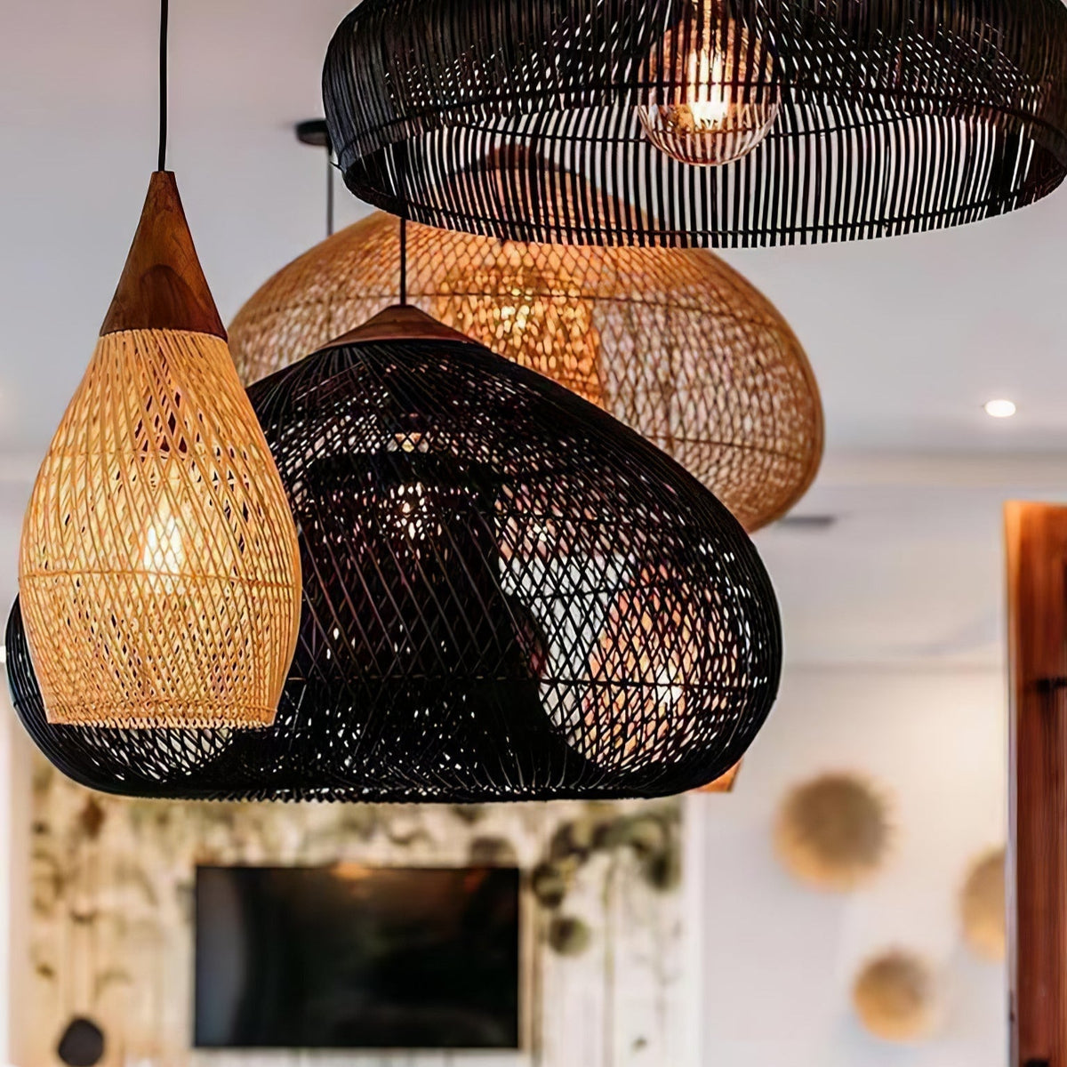 Bohemian Woven Rattan Pendant Lamp with Wood Top and Open Weave Shade