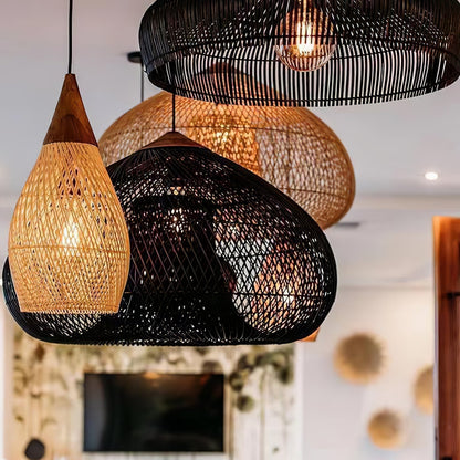 Bohemian Woven Rattan Pendant Lamp with Wood Top and Open Weave Shade