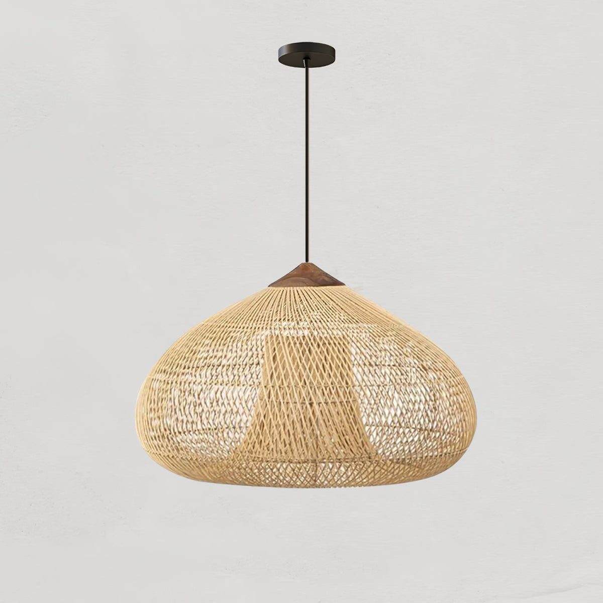 Bohemian Woven Rattan Pendant Lamp with Wood Top and Open Weave Shade