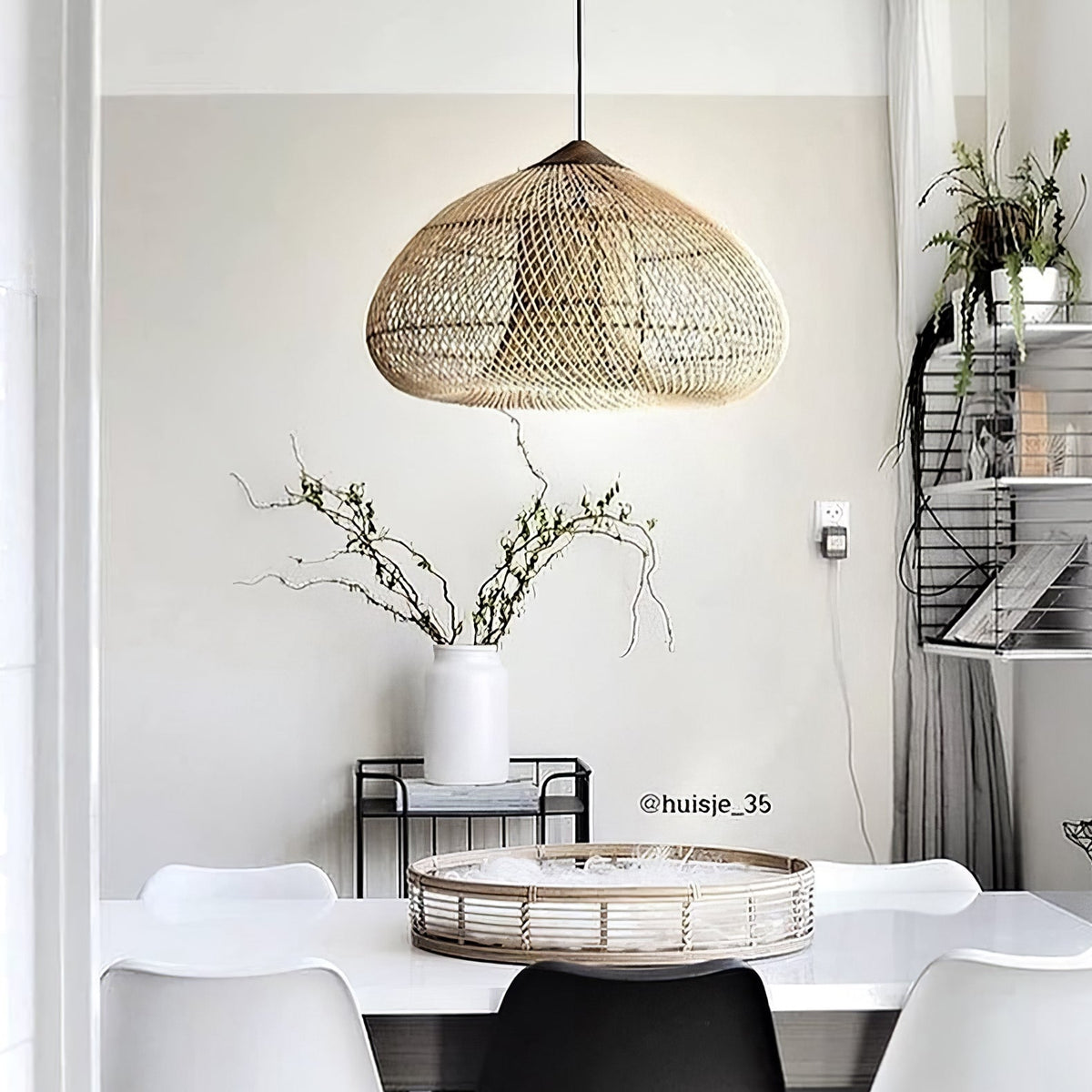 Bohemian Woven Rattan Pendant Lamp with Wood Top and Open Weave Shade