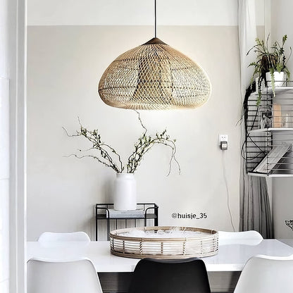 Bohemian Woven Rattan Pendant Lamp with Wood Top and Open Weave Shade