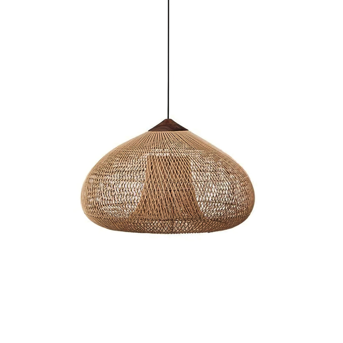 Bohemian Woven Rattan Pendant Lamp with Wood Top and Open Weave Shade