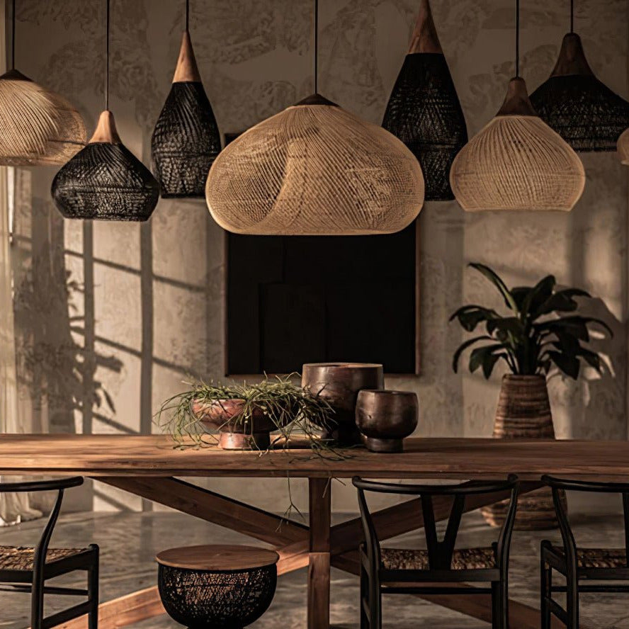 Bohemian Woven Rattan Pendant Lamp with Wood Top and Open Weave Shade