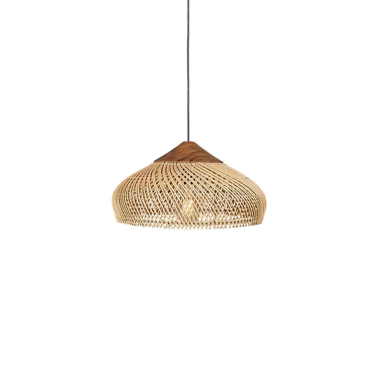 Bohemian Woven Rattan Pendant Lamp with Wood Top and Open Weave Shade