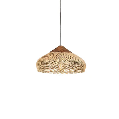 Bohemian Woven Rattan Pendant Lamp with Wood Top and Open Weave Shade