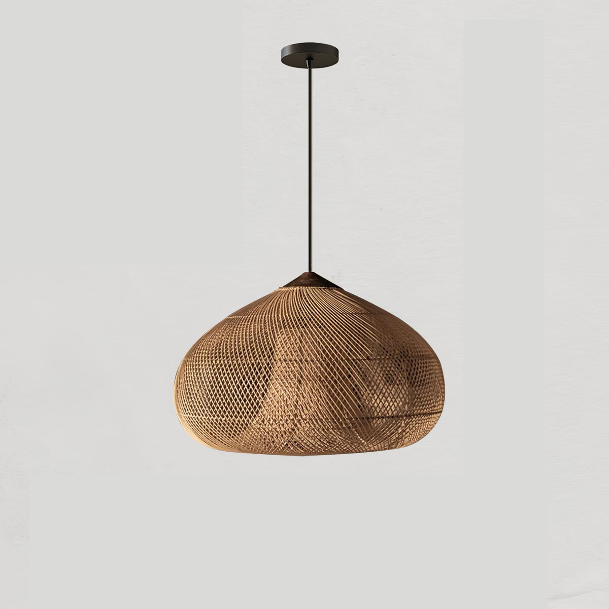 Bohemian Woven Rattan Pendant Lamp with Wood Top and Open Weave Shade