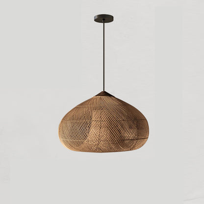 Bohemian Woven Rattan Pendant Lamp with Wood Top and Open Weave Shade