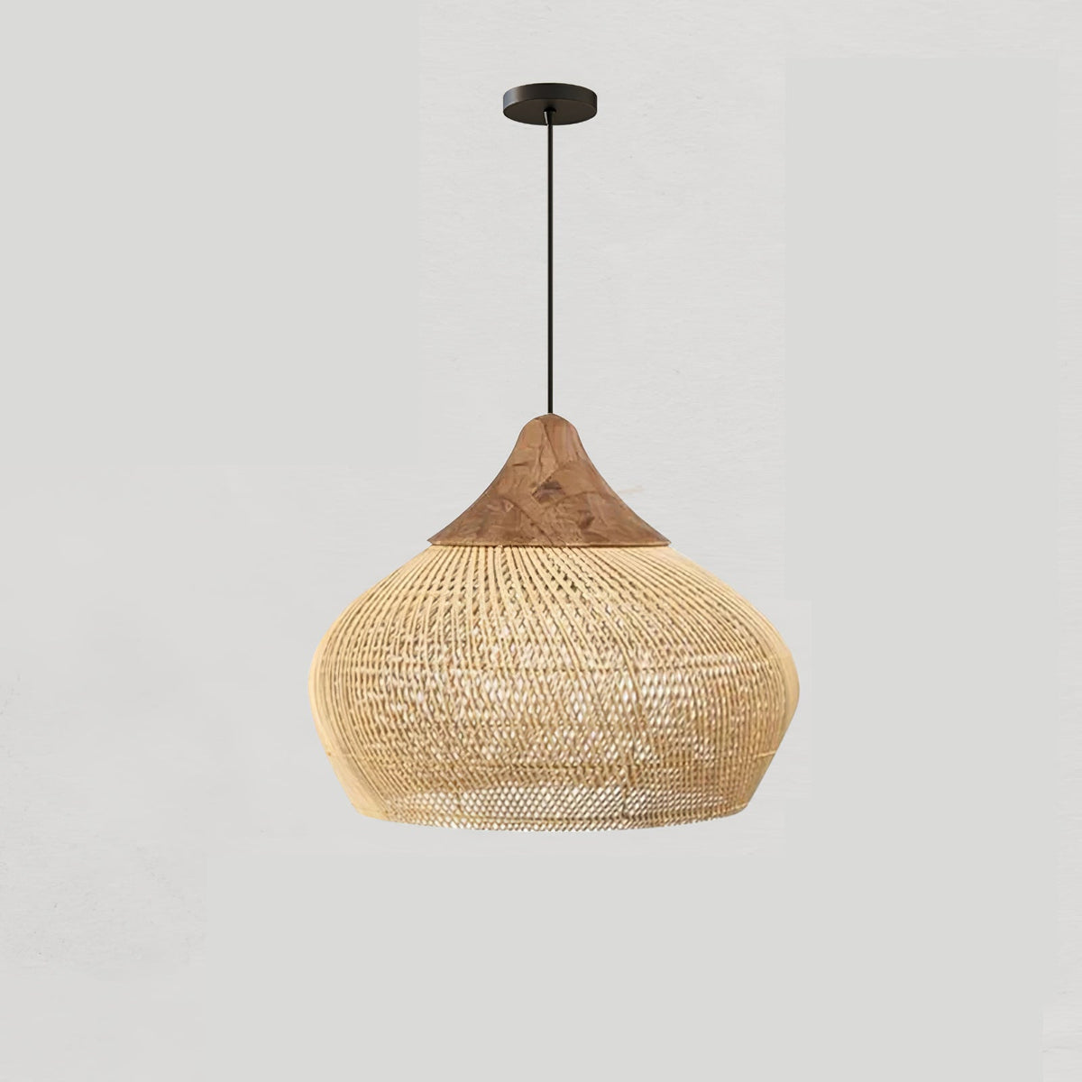 Bohemian Woven Rattan Pendant Lamp with Wood Top and Open Weave Shade