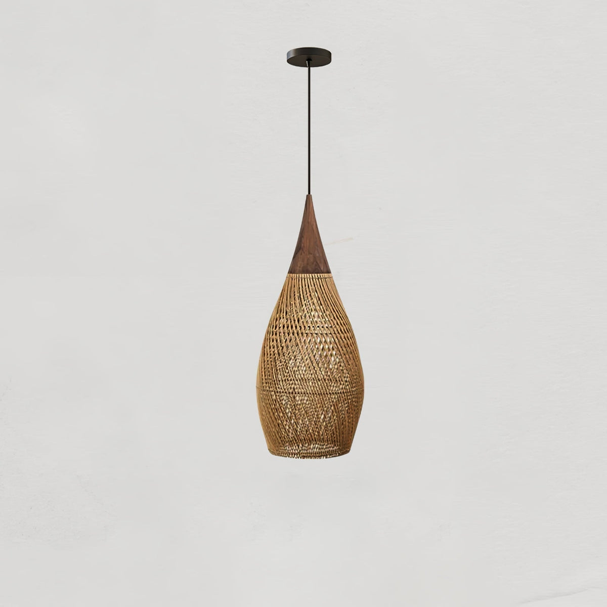 Bohemian Woven Rattan Pendant Lamp with Wood Top and Open Weave Shade
