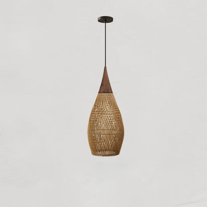 Bohemian Woven Rattan Pendant Lamp with Wood Top and Open Weave Shade