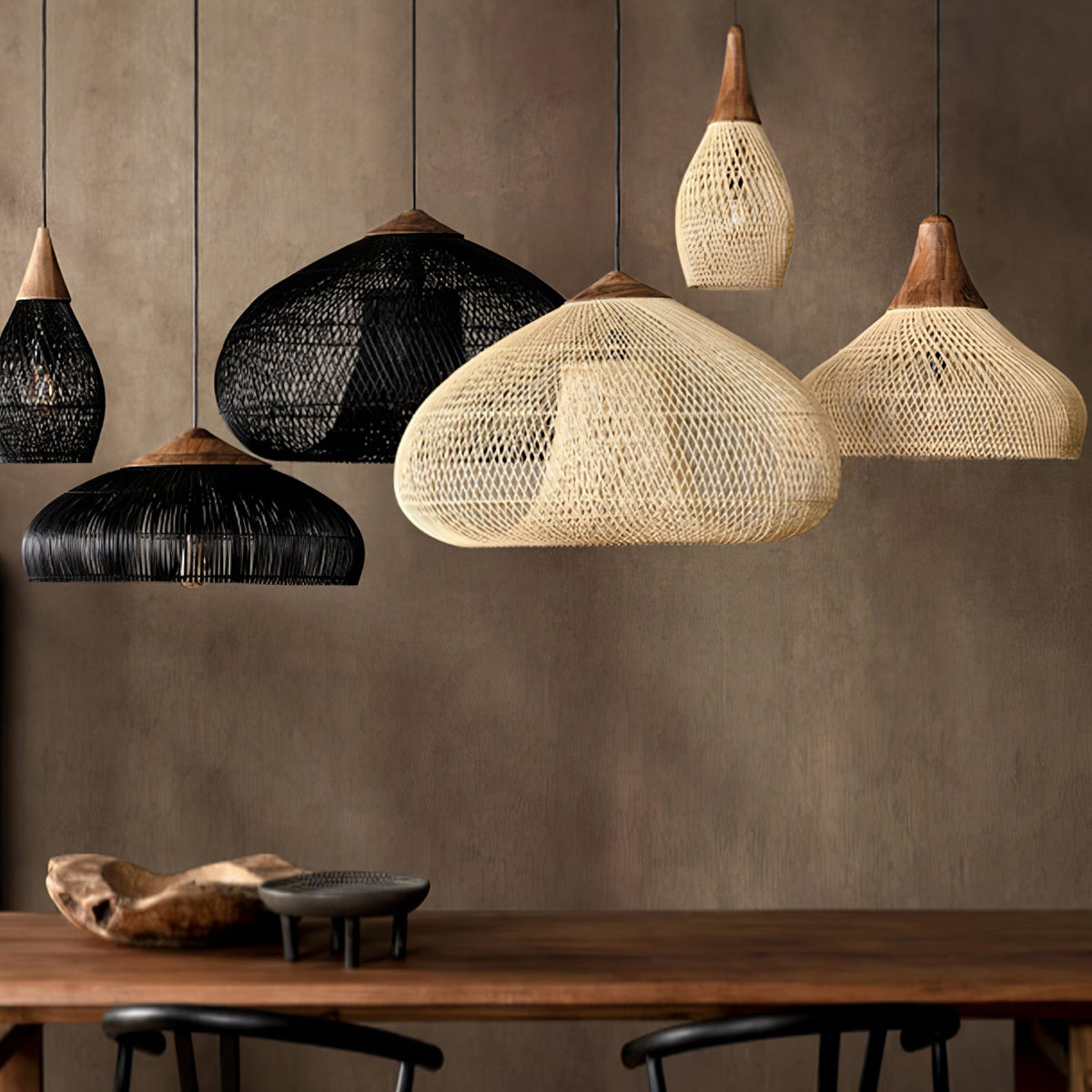 Bohemian Woven Rattan Pendant Lamp with Wood Top and Open Weave Shade