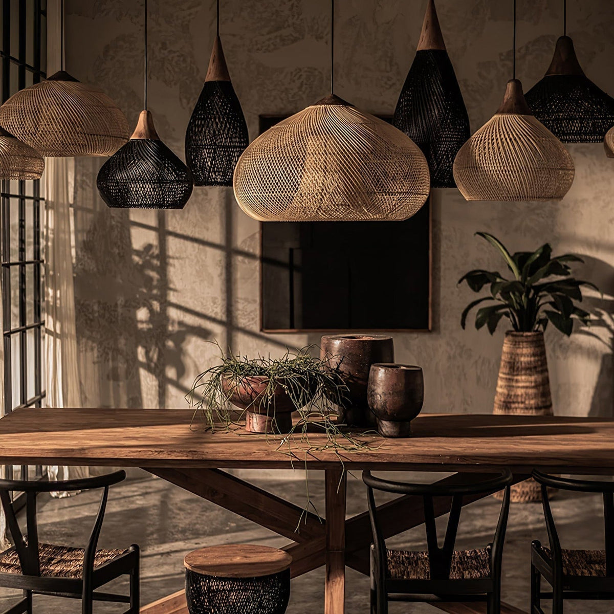 Bohemian Woven Rattan Pendant Lamp with Wood Top and Open Weave Shade