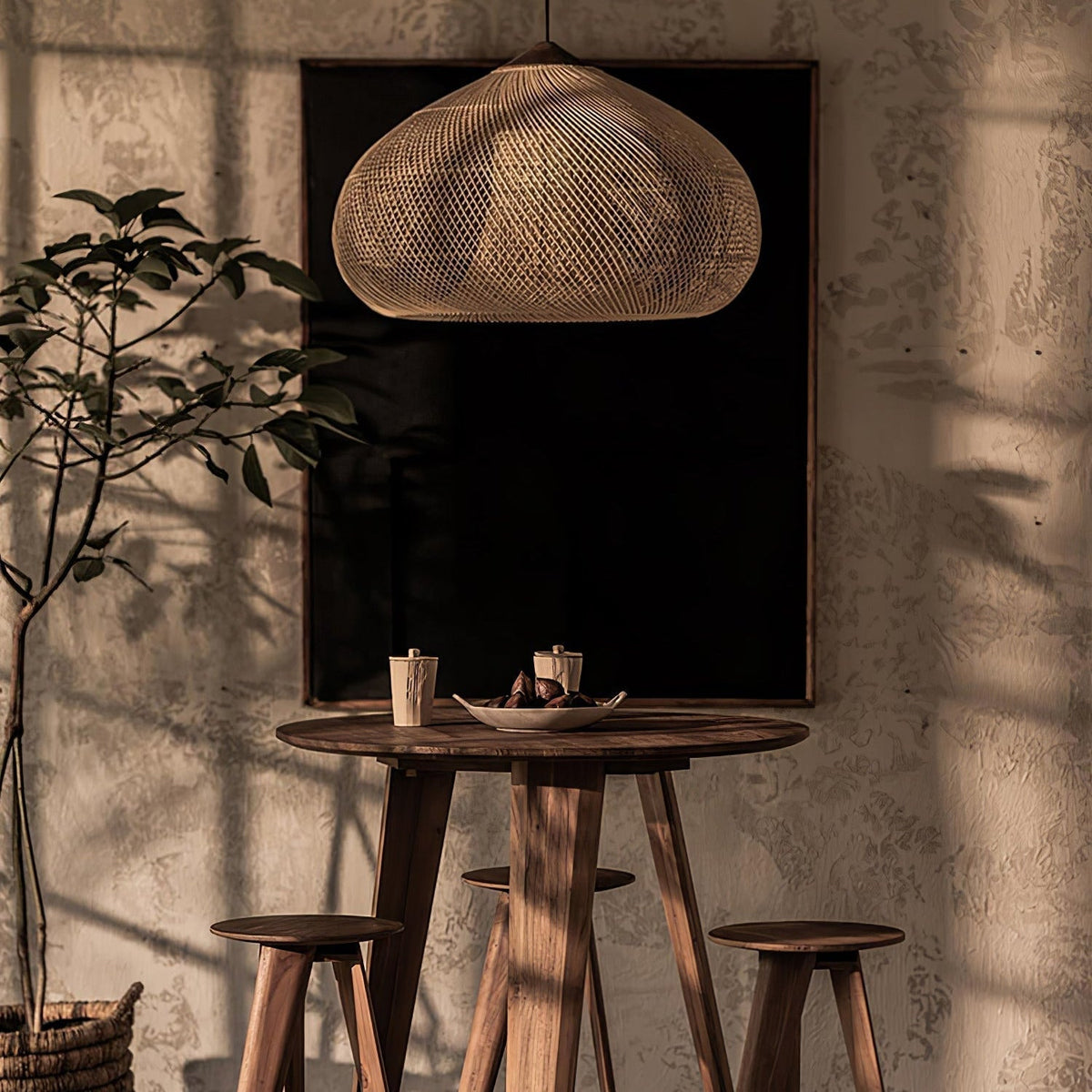 Bohemian Woven Rattan Pendant Lamp with Wood Top and Open Weave Shade