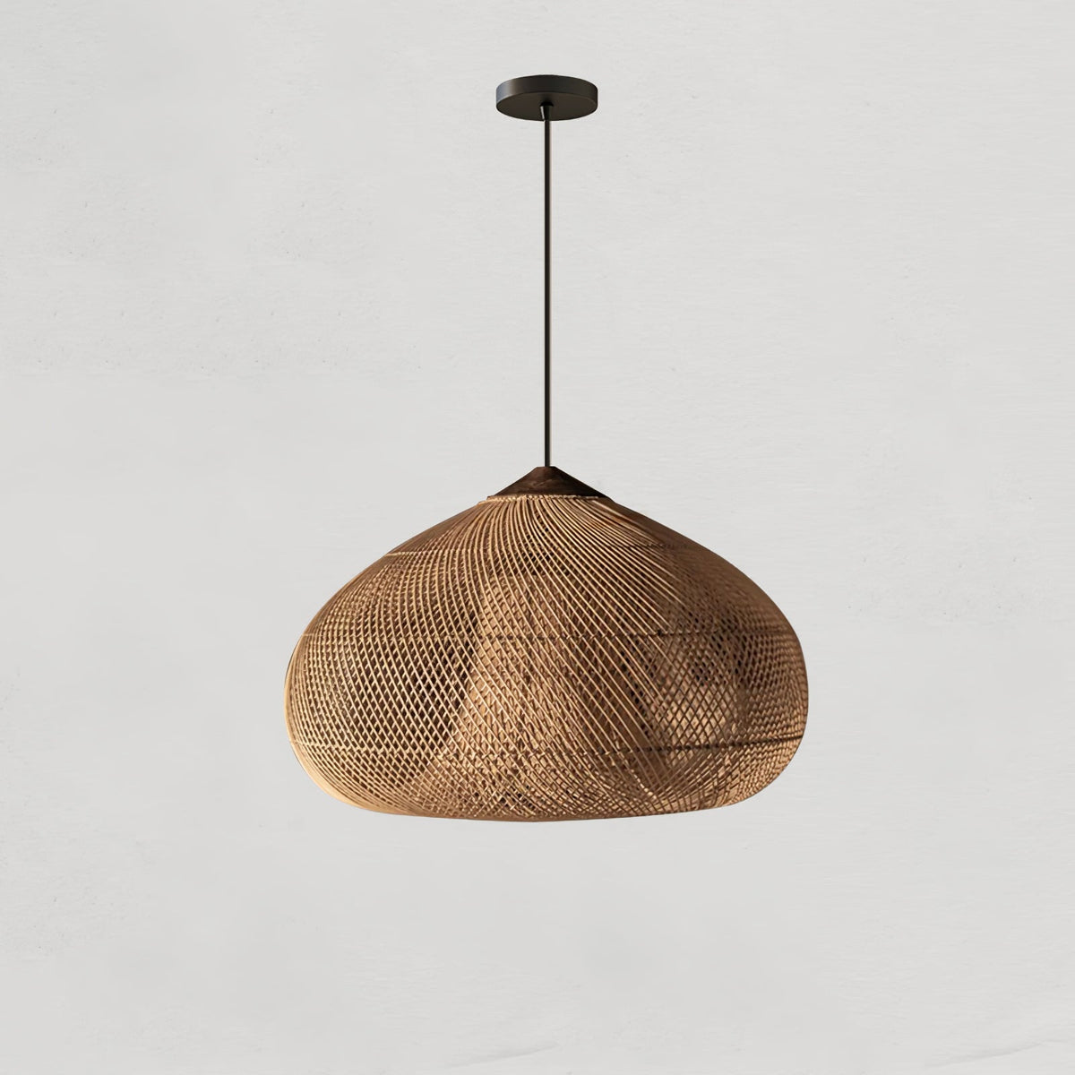 Bohemian Woven Rattan Pendant Lamp with Wood Top and Open Weave Shade