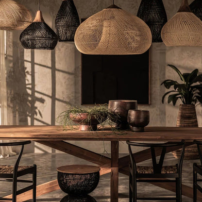 Bohemian Woven Rattan Pendant Lamp with Wood Top and Open Weave Shade
