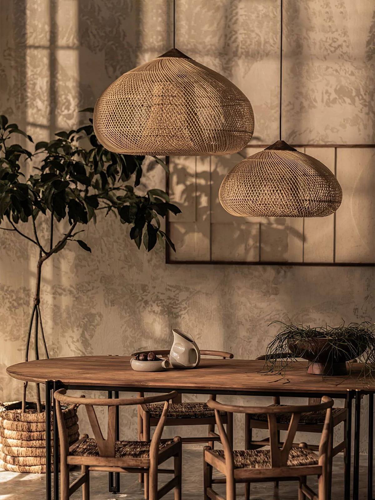 Bohemian Woven Rattan Pendant Lamp with Wood Top and Open Weave Shade