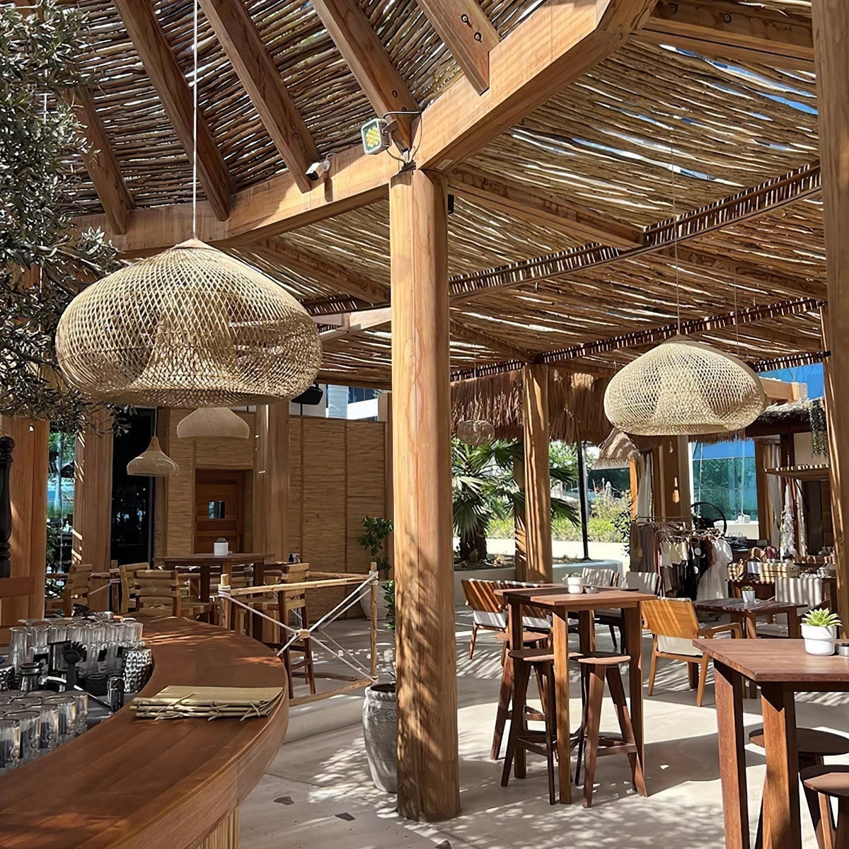 Bohemian Woven Rattan Pendant Lamp with Wood Top and Open Weave Shade