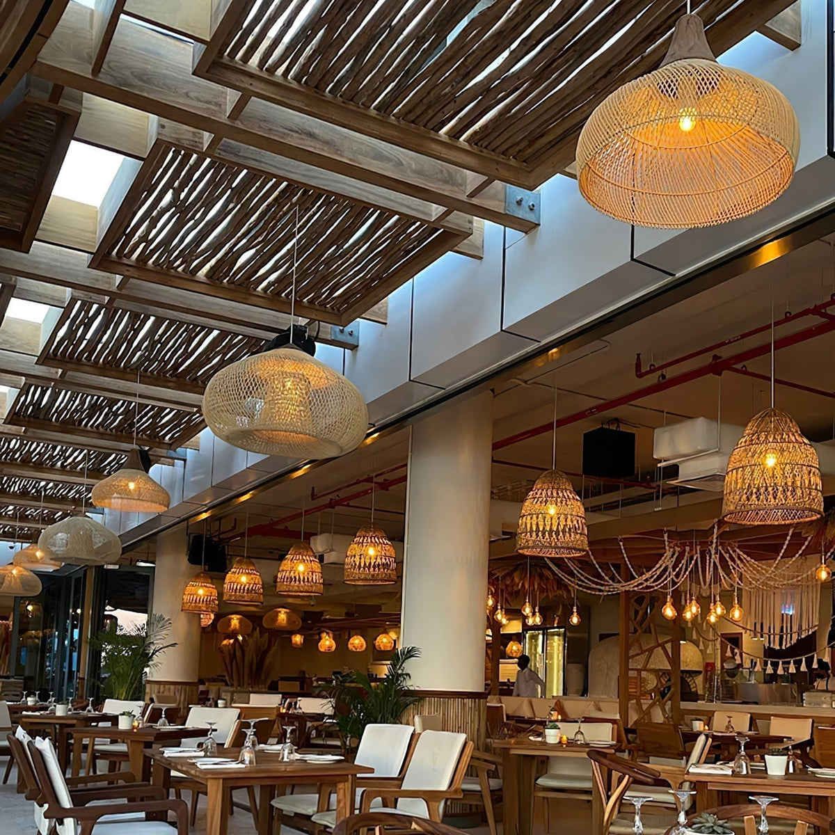 Bohemian Woven Rattan Pendant Lamp with Wood Top and Open Weave Shade