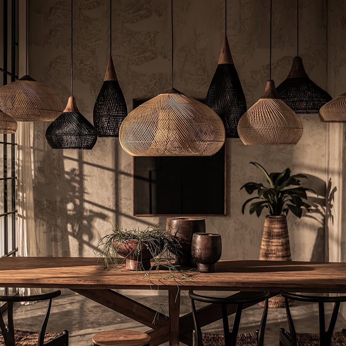 Bohemian Woven Rattan Pendant Lamp with Wood Top and Open Weave Shade