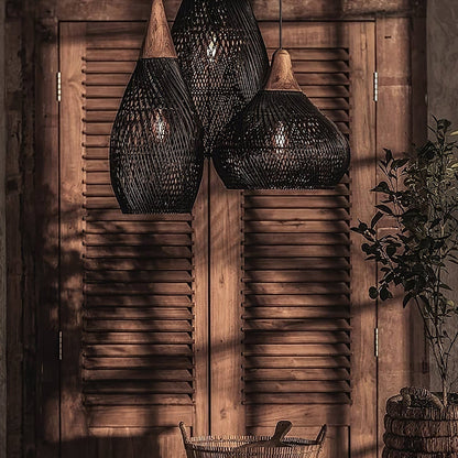 Bohemian Woven Rattan Pendant Lamp with Wood Top and Open Weave Shade
