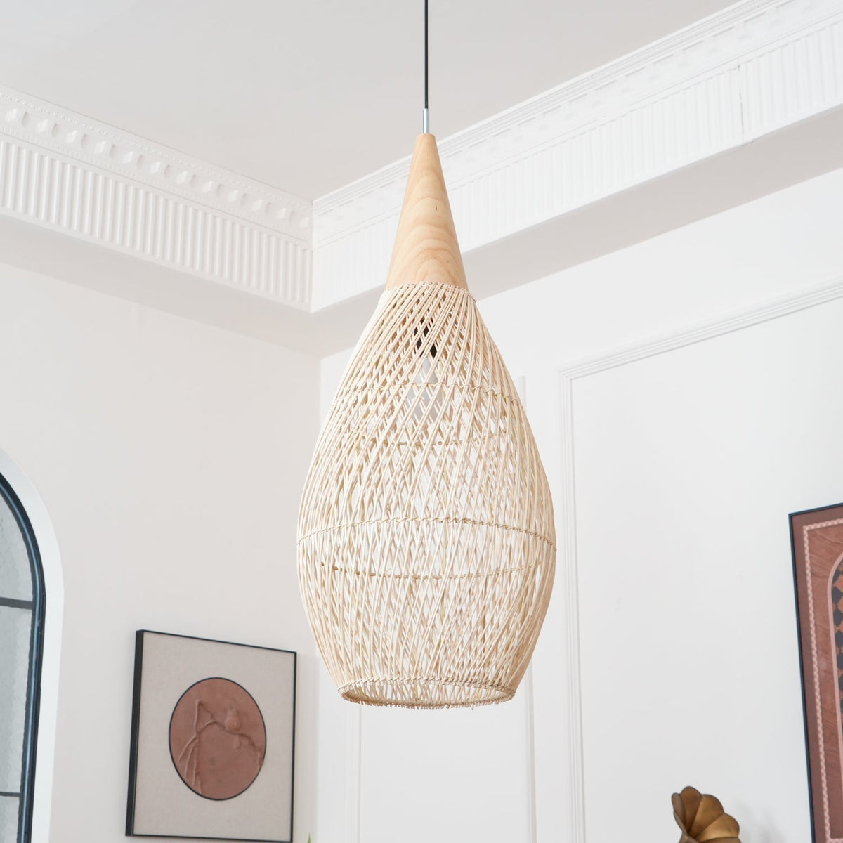 Bohemian Woven Rattan Pendant Lamp with Wood Top and Open Weave Shade