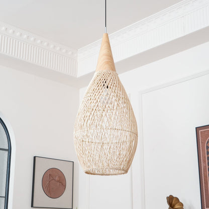Bohemian Woven Rattan Pendant Lamp with Wood Top and Open Weave Shade