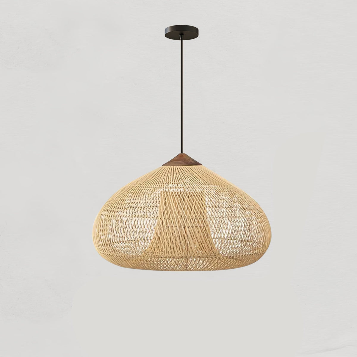 Bohemian Woven Rattan Pendant Lamp with Wood Top and Open Weave Shade