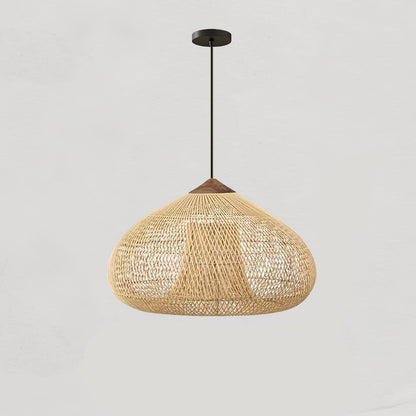 Bohemian Woven Rattan Pendant Lamp with Wood Top and Open Weave Shade