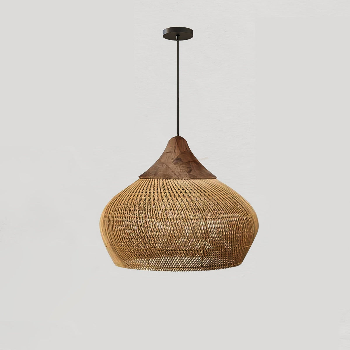 Bohemian Woven Rattan Pendant Lamp with Wood Top and Open Weave Shade