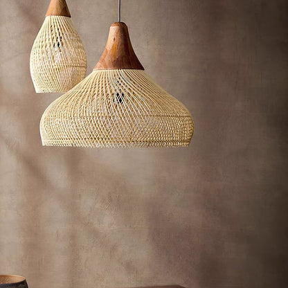 Bohemian Woven Rattan Pendant Lamp with Wood Top and Open Weave Shade