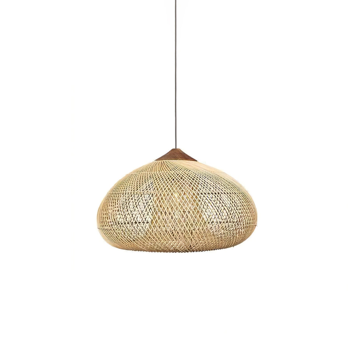 Bohemian Woven Rattan Pendant Lamp with Wood Top and Open Weave Shade