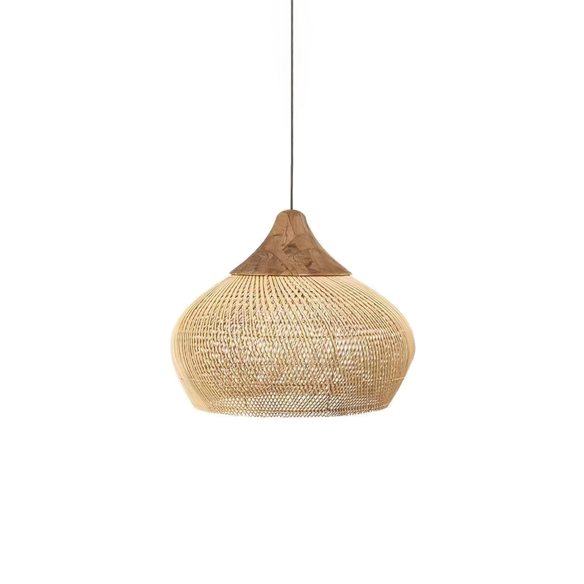 Bohemian Woven Rattan Pendant Lamp with Wood Top and Open Weave Shade
