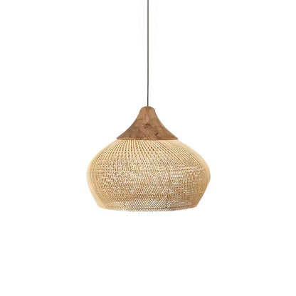 Bohemian Woven Rattan Pendant Lamp with Wood Top and Open Weave Shade