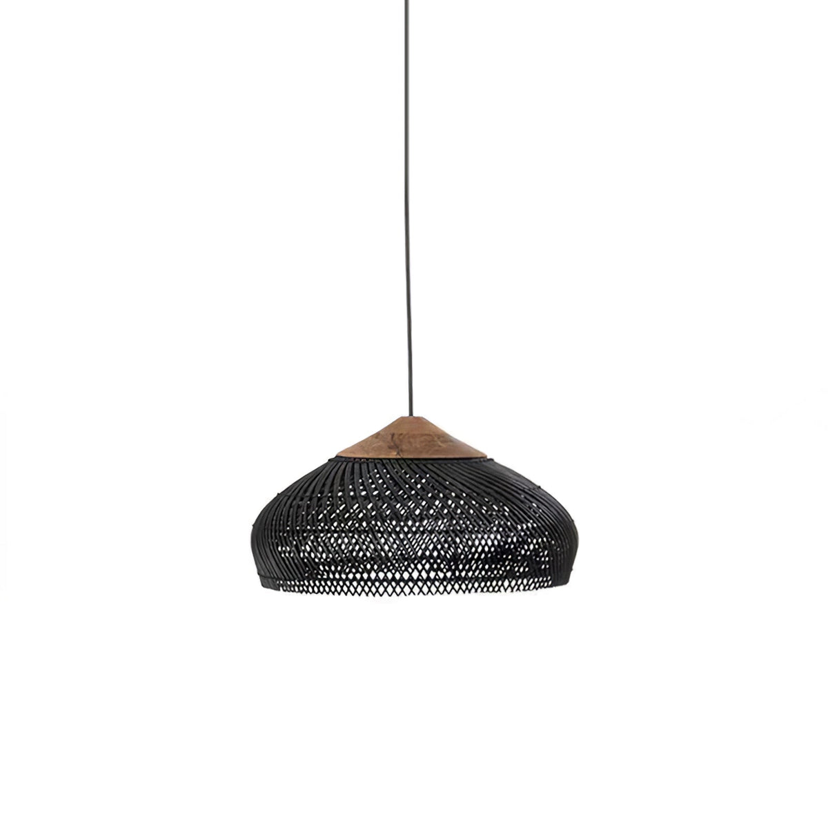 Bohemian Woven Rattan Pendant Lamp with Wood Top and Open Weave Shade