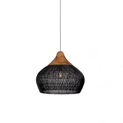 Bohemian Woven Rattan Pendant Lamp with Wood Top and Open Weave Shade