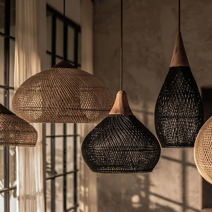 Bohemian Woven Rattan Pendant Lamp with Wood Top and Open Weave Shade