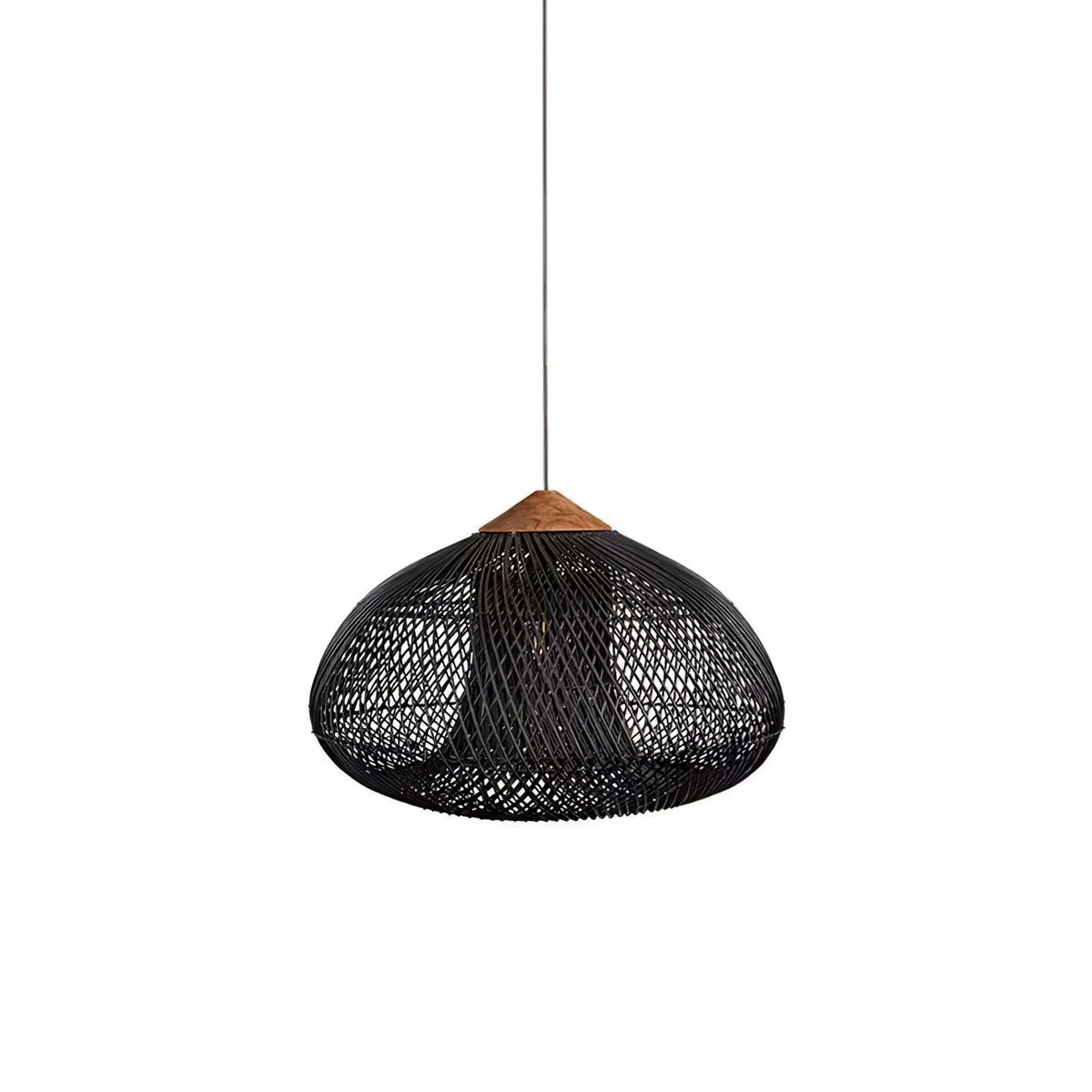 Bohemian Woven Rattan Pendant Lamp with Wood Top and Open Weave Shade