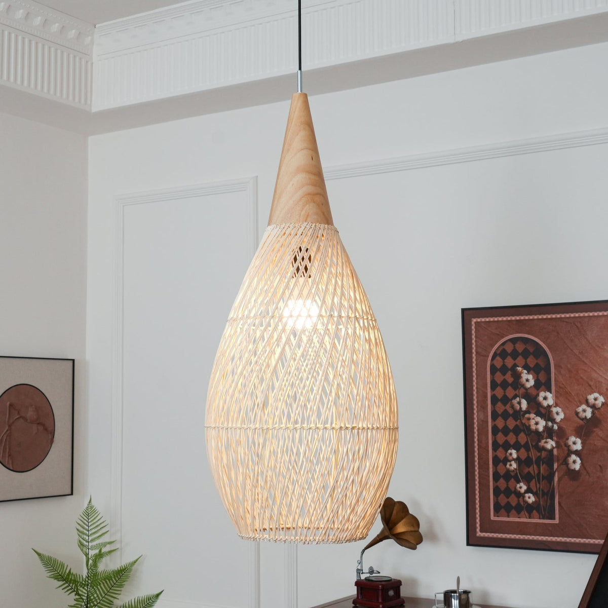 Bohemian Woven Rattan Pendant Lamp with Wood Top and Open Weave Shade