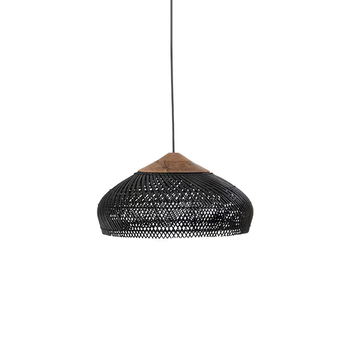 Bohemian Woven Rattan Pendant Lamp with Wood Top and Open Weave Shade