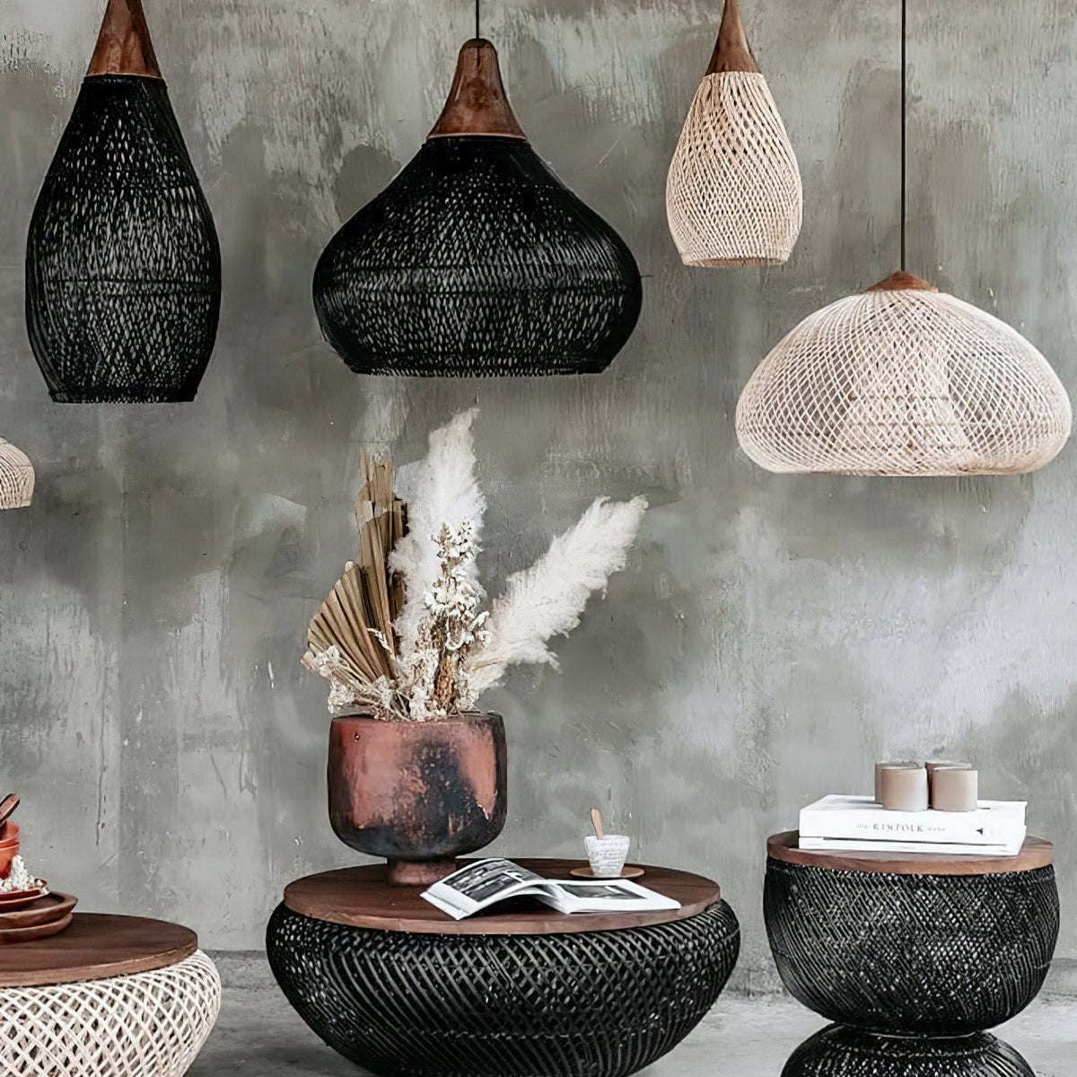 Bohemian Woven Rattan Pendant Lamp with Wood Top and Open Weave Shade