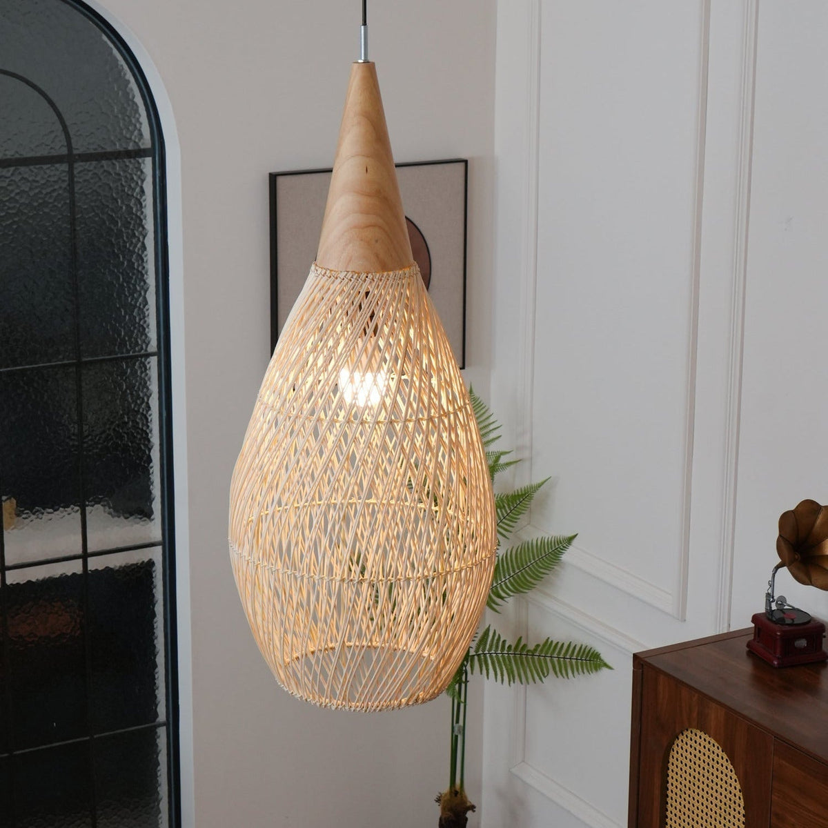 Bohemian Woven Rattan Pendant Lamp with Wood Top and Open Weave Shade