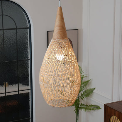 Bohemian Woven Rattan Pendant Lamp with Wood Top and Open Weave Shade