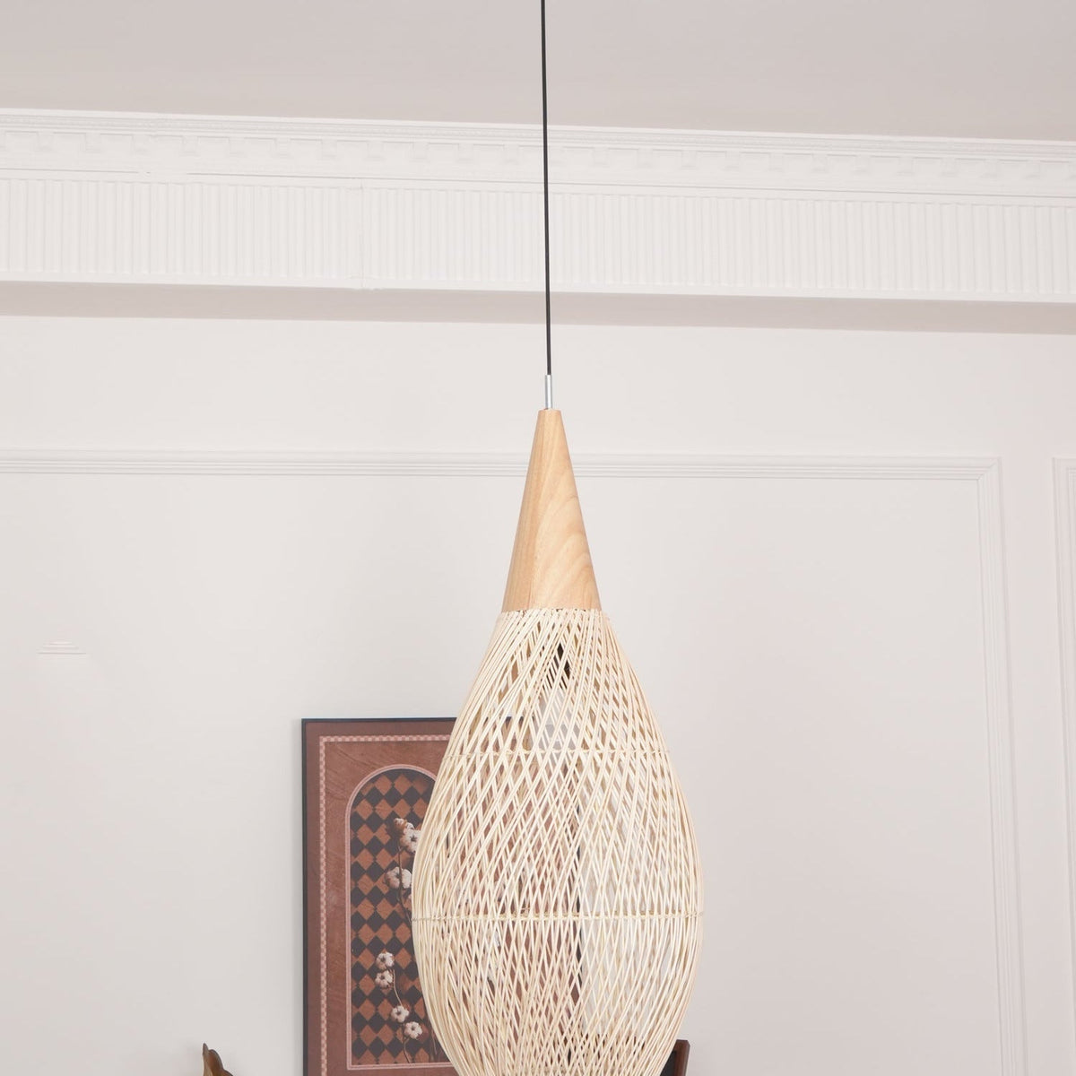 Bohemian Woven Rattan Pendant Lamp with Wood Top and Open Weave Shade