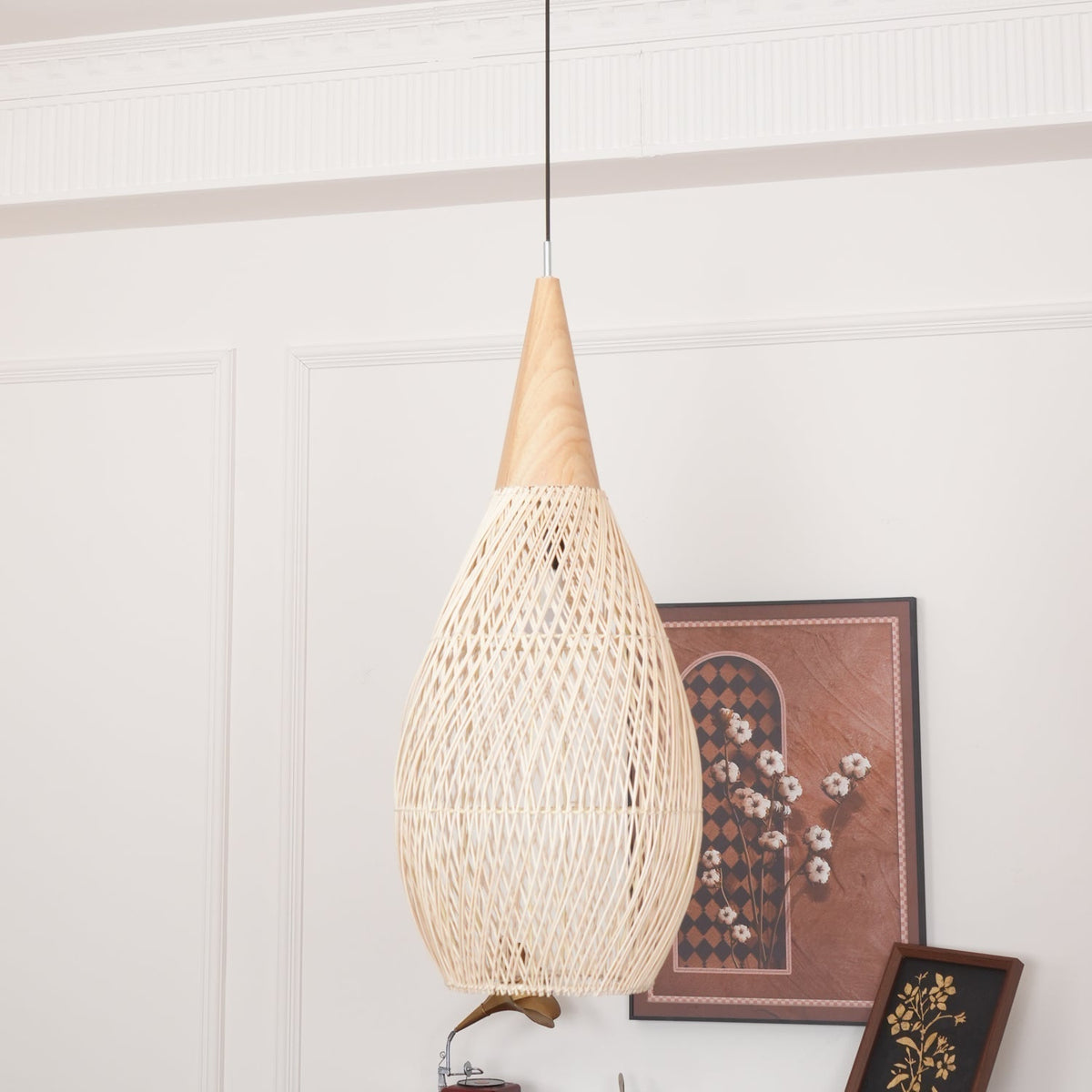 Bohemian Woven Rattan Pendant Lamp with Wood Top and Open Weave Shade