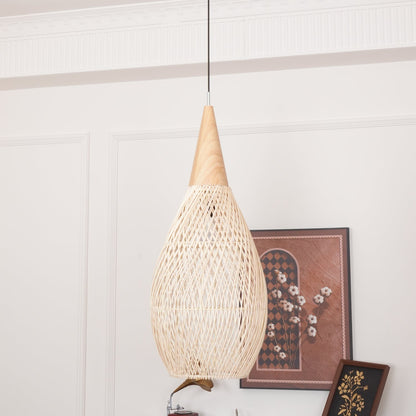 Bohemian Woven Rattan Pendant Lamp with Wood Top and Open Weave Shade