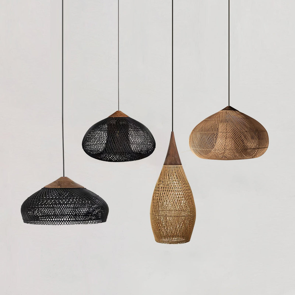 Bohemian Woven Rattan Pendant Lamp with Wood Top and Open Weave Shade