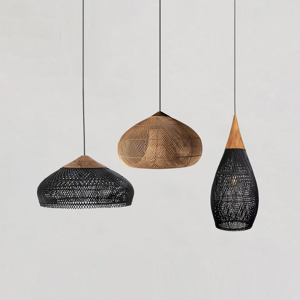 Bohemian Woven Rattan Pendant Lamp with Wood Top and Open Weave Shade