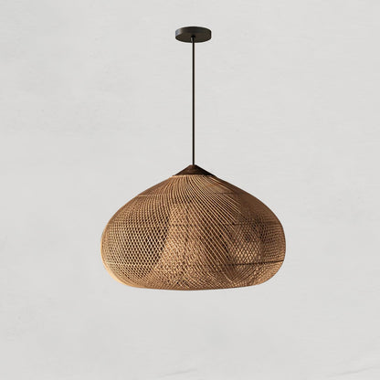 Bohemian Woven Rattan Pendant Lamp with Wood Top and Open Weave Shade