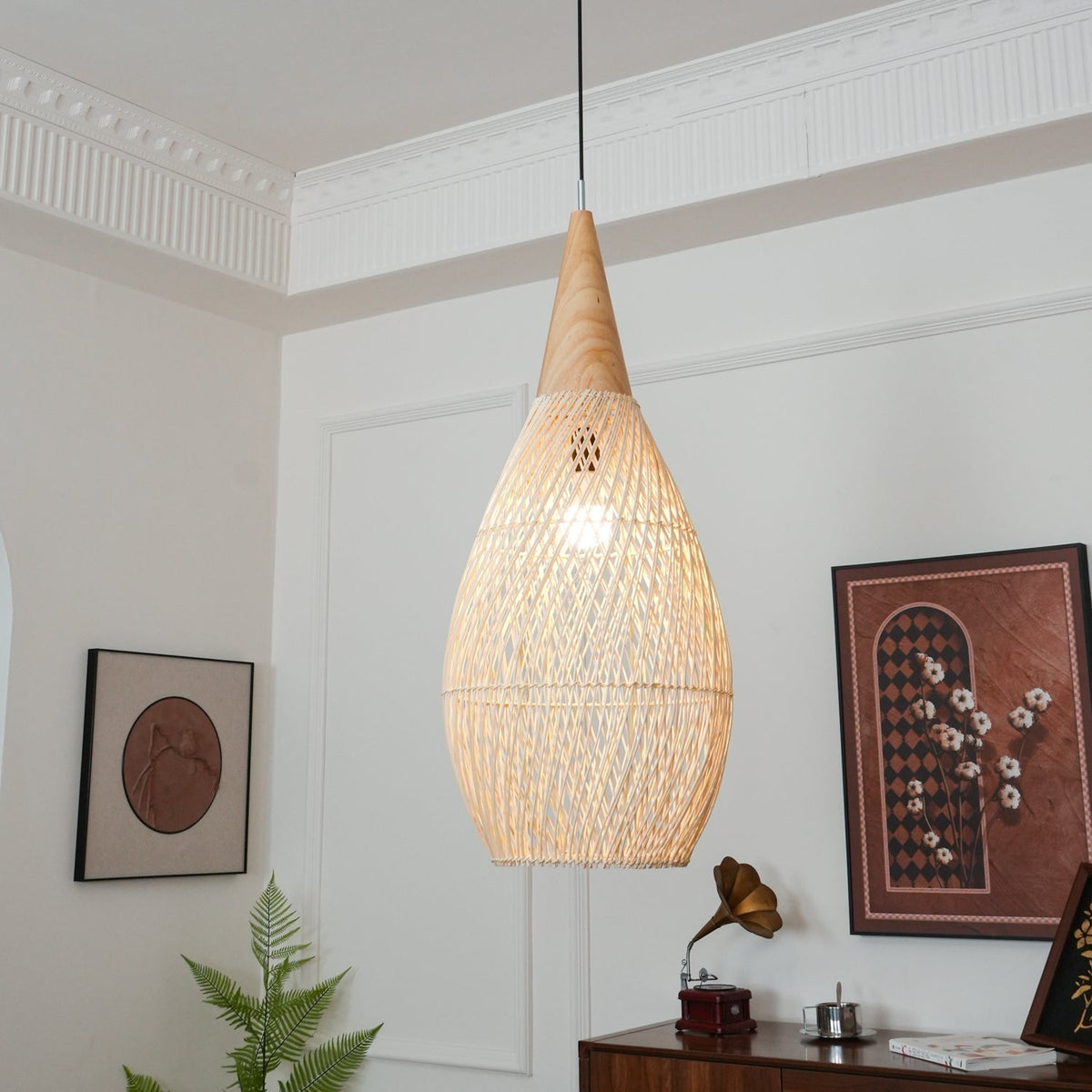 Bohemian Woven Rattan Pendant Lamp with Wood Top and Open Weave Shade